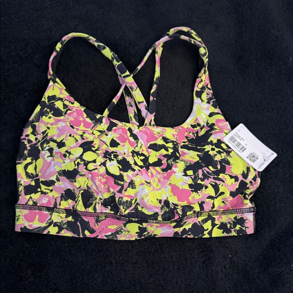 NWT Lululemon Energy Bra with Black, Yellow, Pink Floral Design size 6